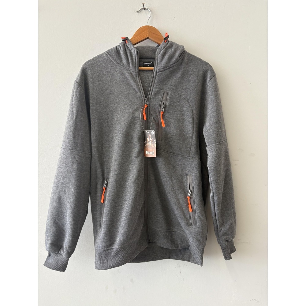 RISKROLE Hoodie Mens Medium Gray Full Zip Fleece Hooded Jacket Zip Pockets